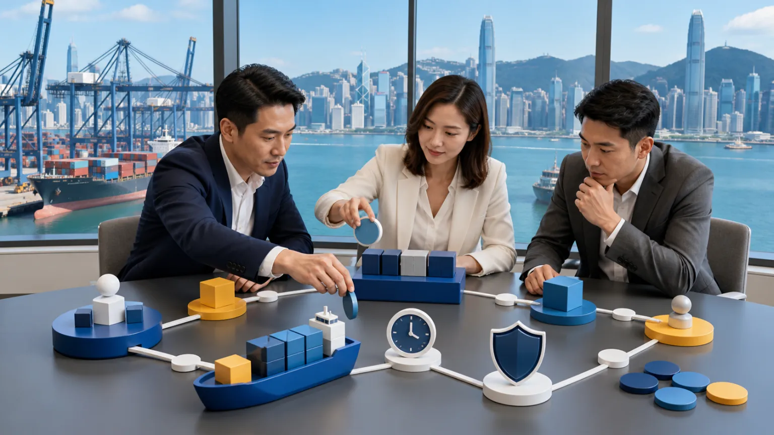 香港出口營運、財務及風險管理團隊以無文字模型規劃買家審查、付運、回款與保障節點。