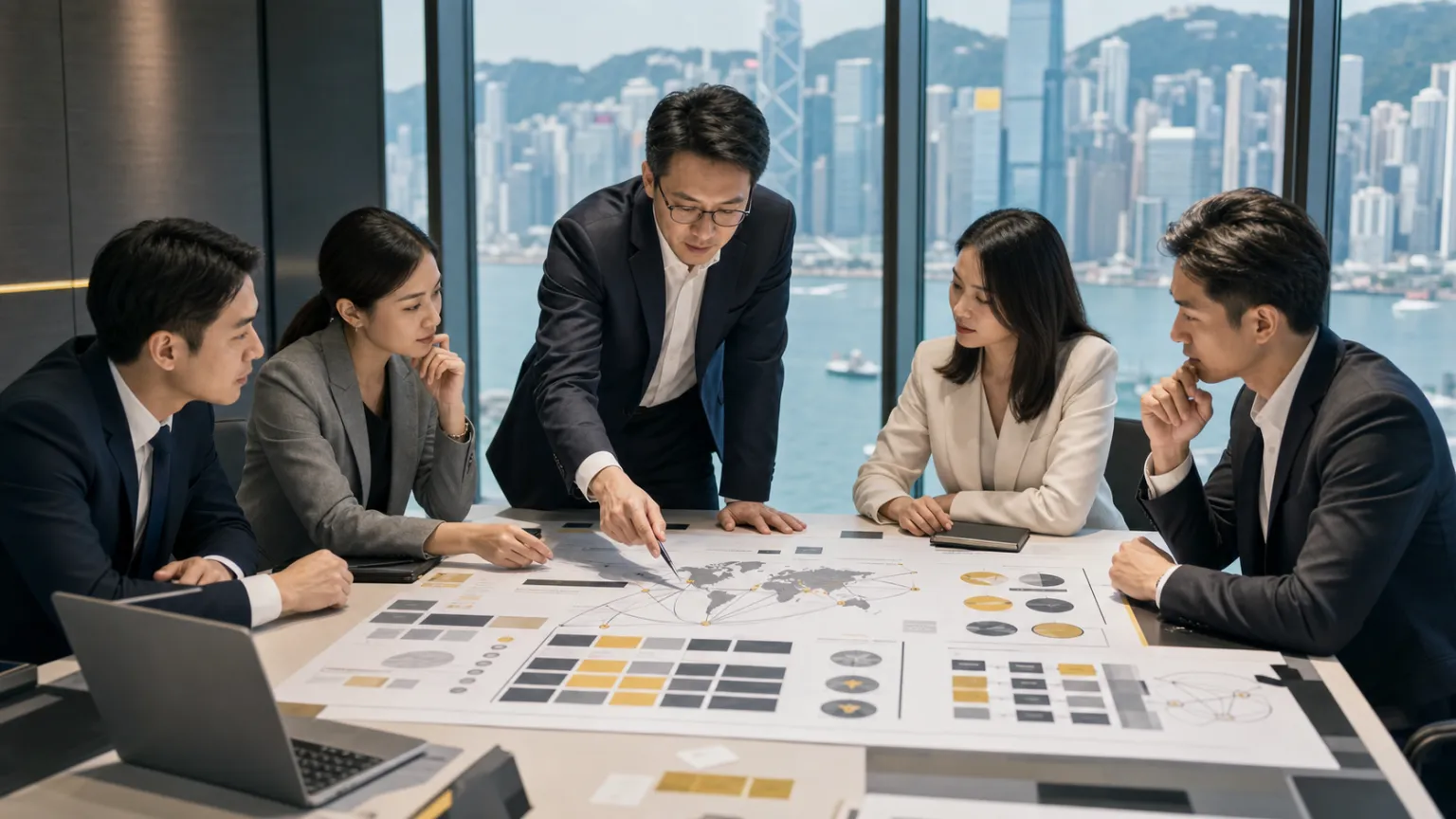 企業決策者與香港跨專業服務團隊共同檢視全球市場路徑圖及風險矩陣。